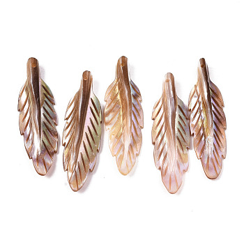 Natural Freshwater Shell Pendants, Leaf, Saddle Brown, 43~45x12~13x4~5mm, Hole: 1.2mm