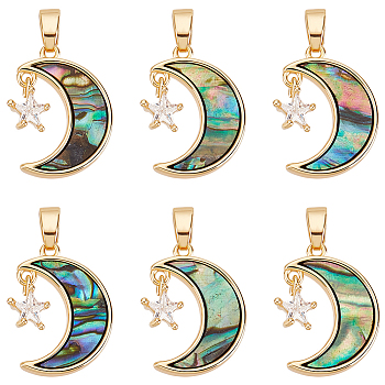 6Pcs Brass Clear Cubic Zirconia Pendants, with Synthetic Abalone Shell/Paua Shells, Moon with Star Charms, Real 18K Gold Plated, 19x13x2mm, Hole: 2.5x5mm