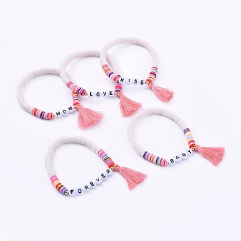 Handmade Polymer Clay Heishi Beads Stretch Bracelets, with Word Acrylic Beads and Cotton Thread Tassel Pendants, Mother's Day Gifts, Colorful, 2 inch(5.2cm), 5pcs/set
