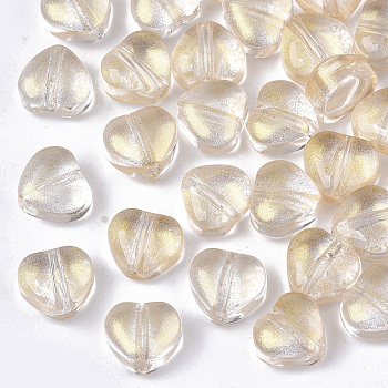 Transparent Spray Painted Glass Beads, with Glitter Powder, Heart, Pale Goldenrod, 6x6x4mm, Hole: 0.9mm