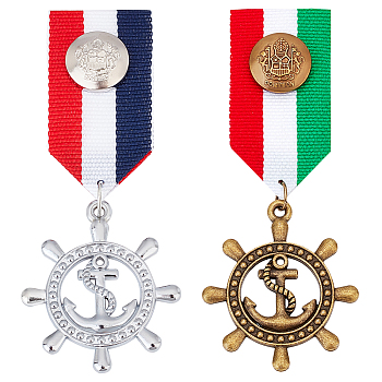 AHADERMAKER 2Pcs 2 Color Anchor & Helm Retro British Preppy Style Alloy with Iron Pendant Lapel Pins, Polyester Brooch Medal for Men, Antique Bronze & Platinum, 89.5mm, 1Pc/color