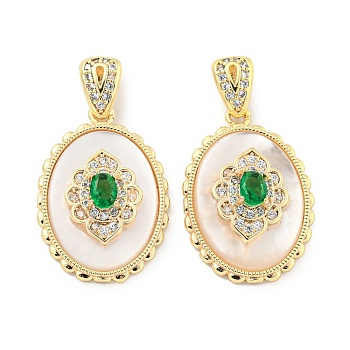 Brass Micro Pave Clear Cubic Zirconia Pendants, with Glass, Oval Charms, Real 18K Gold Plated, 21x15x6mm, Hole: 4.8x2mm