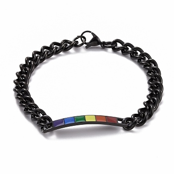 Rainbow Pride Bracelet, Enamel Rectangle Bar Link Bracelet for Men Women, Electrophoresis Black, 8-3/4 inch(22.3cm)