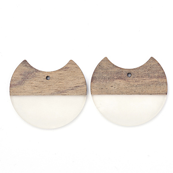 Resin & Walnut Wood Pendants, Gap Flat Round, Creamy White, 33x37x3mm, Hole: 1.8mm