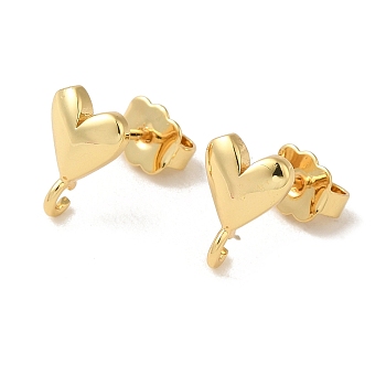 Rack Plating Brass Studs Earrings Findings, Long-Lasting, Lead Free & Cadmium Free, Heart, Real 18K Gold Plated, 11x7.5mm, Hole: 1.6mm, Pin: 0.7mm