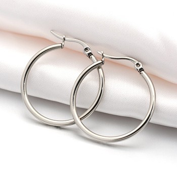 201 Stainless Steel Big Hoop Earrings, with 304 Stainless Steel Pin, Hypoallergenic Earrings, Ring Shape, Stainless Steel Color, 30x28x2mm, 12 Gauge, Pin: 1x0.6mm