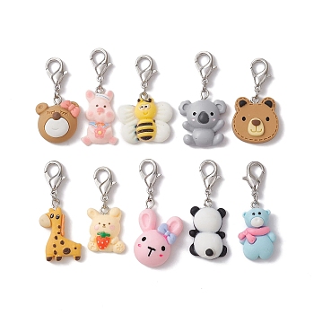 Animal Theme Resin Pendant Decorations, with Zinc Alloy Lobster Claw Clasps, Mixed Shapes, Mixed Color, 38~44mm