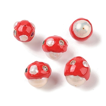 Natural Pearl with Cubic Zirconia Enamel Beads, Hand Drawn Beads, Mushroom, Red, 17~18x15~17x15~17mm, Hole: 0.5mm