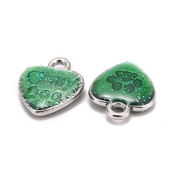 Alloy Enamel Charms, Cadmium Free & Lead Free, Heart with Foot Print and Word, Platinum Metal Color, Pale Green, 15x12x3mm, Hole: 2mm