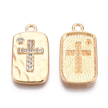 Rack Plating Alloy Pendants, with Rhinestone, Rectangle with Cross, Light Gold, Cadmium Free & Nickel Free & Lead Free, Crystal, 27x15x3mm, Hole: 2.2mm
