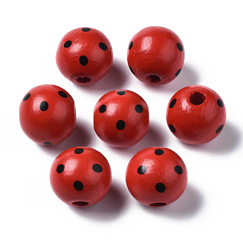 Painted Natural Wood European Beads, Large Hole Beads, Printed, Round with Dot, Red, 16x15mm, Hole: 4mm