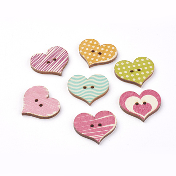 2-Hole Printed Wooden Buttons, Heart, Mixed Color, 23x25.5x2.5mm, Hole: 1.5mm