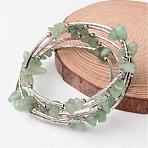 5-Loop Natural Green Aventurine Chip Beaded Wrap Bracelets, with Steel Bracelet Memory Wire, Brass Tube Beads and Iron Spacer Beads, 52mm(BJEW-JB02245)