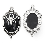 Halloween Alloy Oval Pendants, Spider Charms with Resin, Antique Silver, Black, 42.5x23.5x10mm, Hole: 2.2mm(FIND-C032-02AS-01)