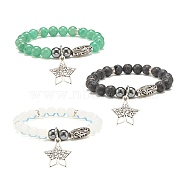 Gemstone & Synthetic Hematite Stretch Bracelet with Star Charm, Gemstone Jewelry for Women, Inner Diameter: 2 inch(5.2cm)(BJEW-JB07714)