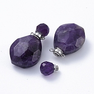 Faceted Natural Amethyst Openable Perfume Bottle Pendants, with 304 Stainless Steel Findings, Stainless Steel Color, 38~39.5x22.5~23x11~13.5mm, Hole: 1.8mm, Bottle Capacity: 1ml(0.034 fl. oz)(G-E564-08C-P)