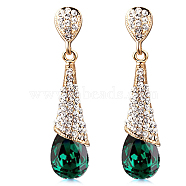 Real 18K Gold Plated Brass Rhinestone Teardrop Stud Earrings, Emerald, 46x10mm(EJEW-EE0001-232B)