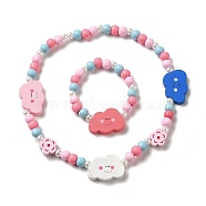 Maple Wood & Acrylic Jewelry Set, Beaded Necklace & Stretch Bracelet for Kids, Cloud, Bracelet: Inner Diameter: 1-5/8 inch(4cm), Necklace: 15-1/2 inch(39.4cm)(SJEW-C003-02B)