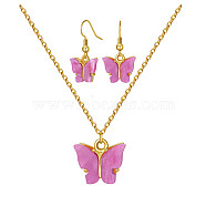 Alloy Acrylic Earrings & Necklaces Jewelry Sets, with Brass Cable Chains, Earring Hooks and 304 Stainless Steel Lobster Claw Clasps, Butterfly, Orchid, Necklaces: 17.71 inch(45cm), Earrings: 29mm, Pin: 0.8mm(sgSJEW-PH01380-05)