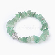 Natural Green Aventurine Beads Stretch Bracelets, with Brass Micro Pave Cubic Zirconia Beads, Chip and Cross, Platinum, 2-1/8 inch(5.3cm)~2-1/8 inch(5.5cm)(BJEW-JB03926-08)