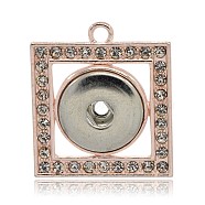 Champagne Gold Tone Alloy Rhinestone Brass Snap Pendant Making, Square, Crystal, 36x31x5mm, Hole: 3mm, Half Hole: 6mm, Fit Snap Buttons in 5~6mm Knob(MAK-J007-68CG)