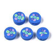 Handmade Polymer Clay Beads, for DIY Jewelry Crafts Supplies, Flat Round with Flower, Dodger Blue, 9.5~10x4.5mm, Hole: 1.8mm(CLAY-N008-039C)