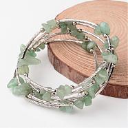 5-Loop Natural Green Aventurine Chip Beaded Wrap Bracelets, with Steel Bracelet Memory Wire, Brass Tube Beads and Iron Spacer Beads, 52mm(BJEW-JB02245)