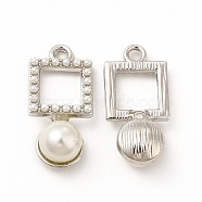 ABS Plastic Imitation Pearl Pendants, with Alloy Findings, Square Charm, Platinum, 25x12x8.5mm, Hole: 2mm(PALLOY-I217-23P)