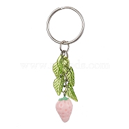 Resin Strawberry Pendant Keychain, with Acrylic Leaf Charm and Iron Keychain Ring, Pink, 7.5cm(KEYC-JKC00651-01)