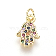 Brass Micro Pave Cubic Zirconia Charms, with Jump Rings, Hamsa Hand/Hand of Miriam, Colorful, Golden, 11.5x7.5x1.5mm, Hole: 2.5mm(ZIRC-I032-52G)