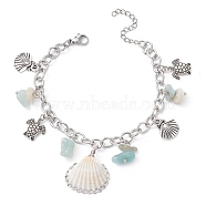 Natural Amazonite Chips & Shell & Tortoise Charm Bracelet, with Alloy Chains, Antique Silver, 7-1/8 inch(18cm)(BJEW-TA00407)