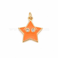 Brass Micro Pave Clear Cubic Zirconia Pendants, with Enamel & Jump Ring, Cadmium Free & Nickel Free & Lead Free, Star Smiling Face, Real 16K Gold Plated, Dark Orange, 19x17x2mm, Jump Ring: 5x1mm, 3mm inner diameter(X-ZIRC-S067-065G-NR)
