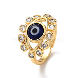 Lampwork Evil Eye Open Cuff Ring with Clear Cubic Zirconia, Real 18K Gold Plated Brass Jewelry for Women, Blue, Inner Diameter: 18mm(RJEW-L104-03G-01)