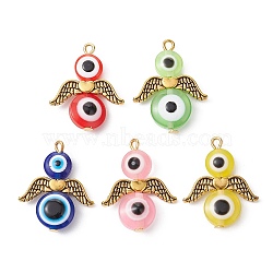 Evil Eye Resin Bead Pendants, Angel Charms with Alloy Wings, Antique Golden, 25.5x20x5~5.5mm, Hole: 1.6mm(PALLOY-JF02380-02)