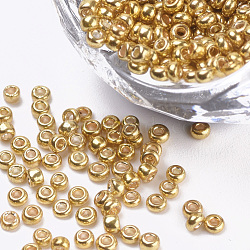 Plated Glass Seed Beads, Round, Gold, 2~2.3x1.5mm, Hole: 0.8mm, about 30000pcs/bag, about 450g/bag(SEED-Q025-2mm-D01)