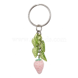 Resin Strawberry Pendant Keychain, with Acrylic Leaf Charm and Iron Keychain Ring, Pink, 7.5cm(KEYC-JKC00651-01)