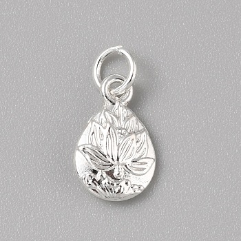 Brass Charms, with Jump Ring, Silver, Teardrop, 15x10x3.5mm, Hole: 4mm