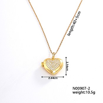 European and American Fashion Heart Shaped Brass Crystal Rhinestone Locket Pendant Necklaces, with Cable Chain for Women Girl, Heart, 15.75 inch(40cm)+5cm