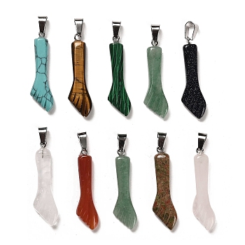 Natural & Synthetic Mixed Gemstone Pendants, Fishtail Charms with Platinum Plated Iron Snap on Bails, 36~37x10.5~11x5mm, Hole: 7x3.5mm