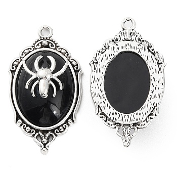 Halloween Alloy Oval Pendants, Spider Charms with Resin, Antique Silver, Black, 42.5x23.5x10mm, Hole: 2.2mm