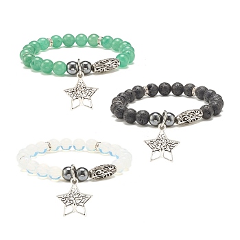 Gemstone & Synthetic Hematite Stretch Bracelet with Star Charm, Gemstone Jewelry for Women, Inner Diameter: 2 inch(5.2cm)