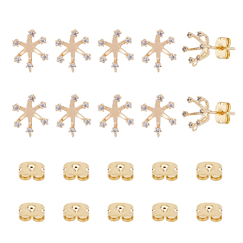 10Pcs Brass Flower Stud Earring Findings, with Clear Cubic Zirconia & Vertical Loops & 10Pcs Ear Nuts, Real 18K Gold Plated, 10x8mm, Hole: 0.8mm, Pin: 0.8mm