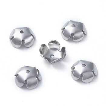 5-Petal 304 Stainless Steel Bead Caps, Flower, Stainless Steel Color, 8x3mm, Hole: 1mm