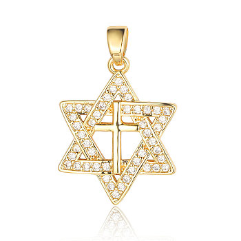 Brass Micro Pave Clear Cubic Zirconia Pendants, Star of David with Cross Charms, Real 18K Gold Plated, 24x21x2.3mm