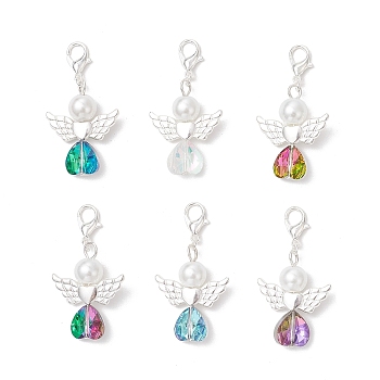 Glass Angel Pendant Decorations, with Alloy Lobster Claw Clasps, Mixed Color, 40.5mm