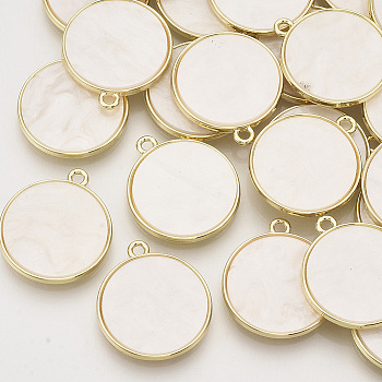 Pearlized Style Resin Pendants, with Light Gold Plated Alloy Pendant Cabochon Settings, Flat Round, Old Lace, 23x20x2.5mm, Hole: 1.6mm