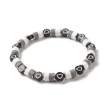 Handmade Polymer Clay Beaded Stretch Bracelets, with Acrylic & 304 Stainless Steel Beads, Gray, 1/4 inch(0.6~0.7cm), Inner Diameter: 2-1/8 inch(5.5cm)