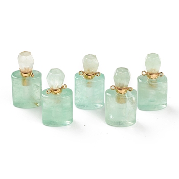 Natural Fluorite Pendants, Openable Perfume Bottle, with Golden Tone Brass Findings, 33~35x17~19x11~13mm, Hole: 2mm, capacity: 1ml(0.03 fl. oz)