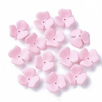 3-Petal Spray Painted Acrylic Bead Caps, Rubberized Style, Flower, Pink, 23x20~22x7mm, Hole: 1.6mm