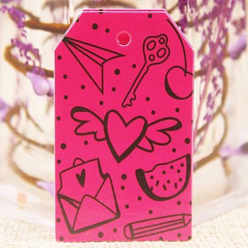 Paper Gift Tags, Hange Tags, For Arts and Crafts, Valentine's Day, Rectangle with Heart Pattern, Deep Pink, 50x30x0.4mm, Hole: 3mm